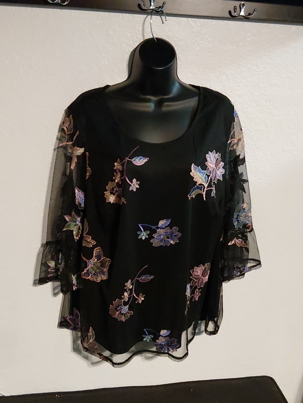 Catherines Black Sheer Sleeve Floral Embroidered Blouse